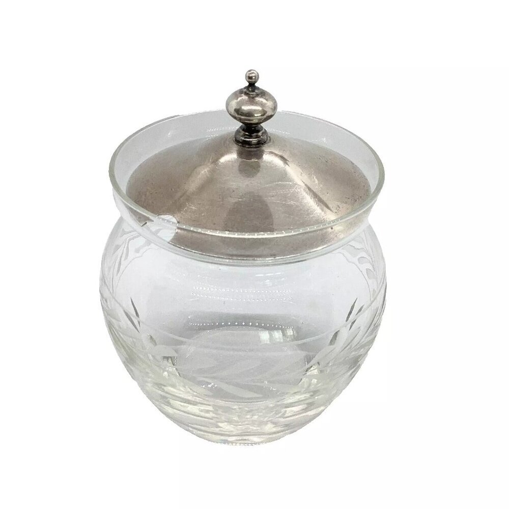 1950s Mid Century Etched Decorated Crystal & Sterling Silver Jam Jar - Picture 2 of 5